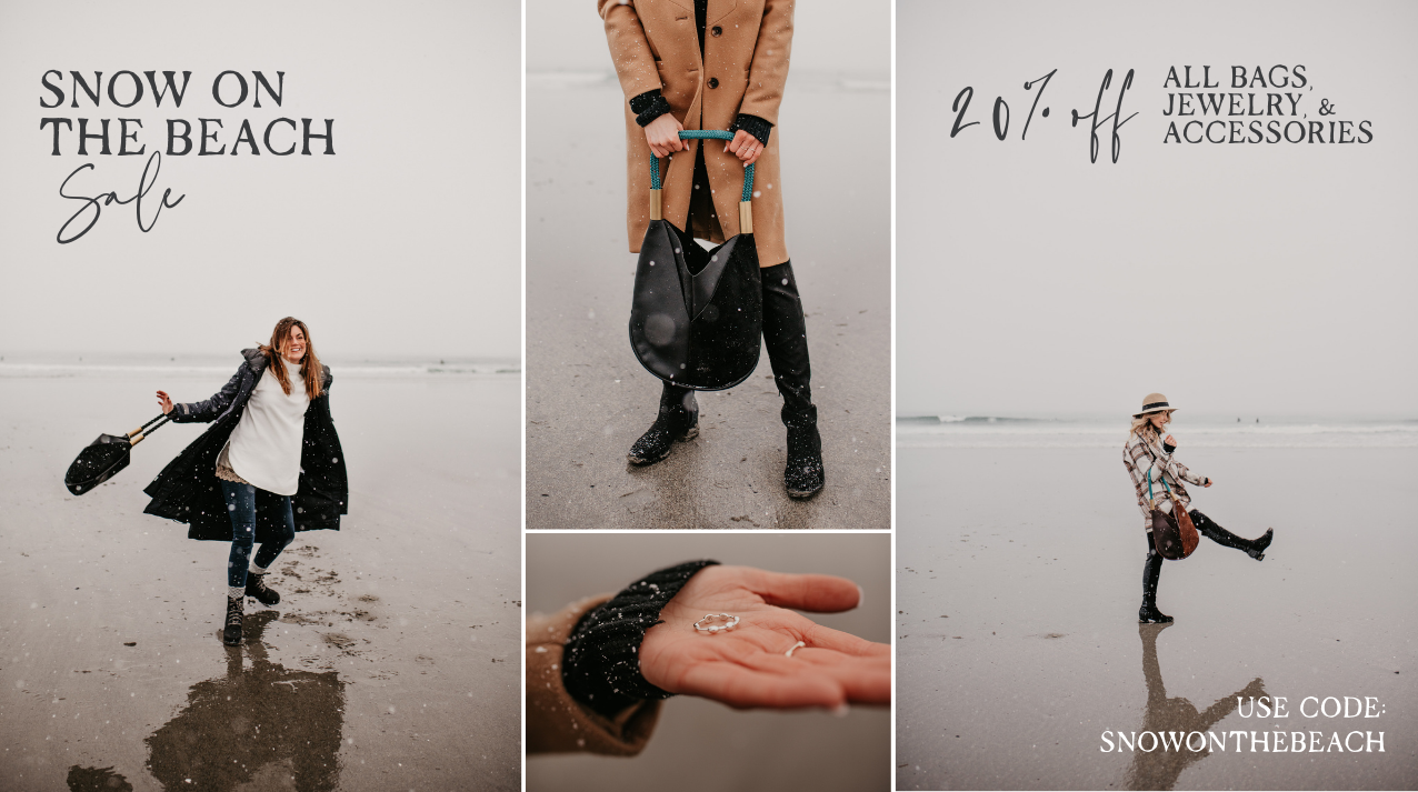 Woman walking on a beach with promotional text for a sale and discount offer. 20% off all bags, jewelry and accessories with code snowonthebeach