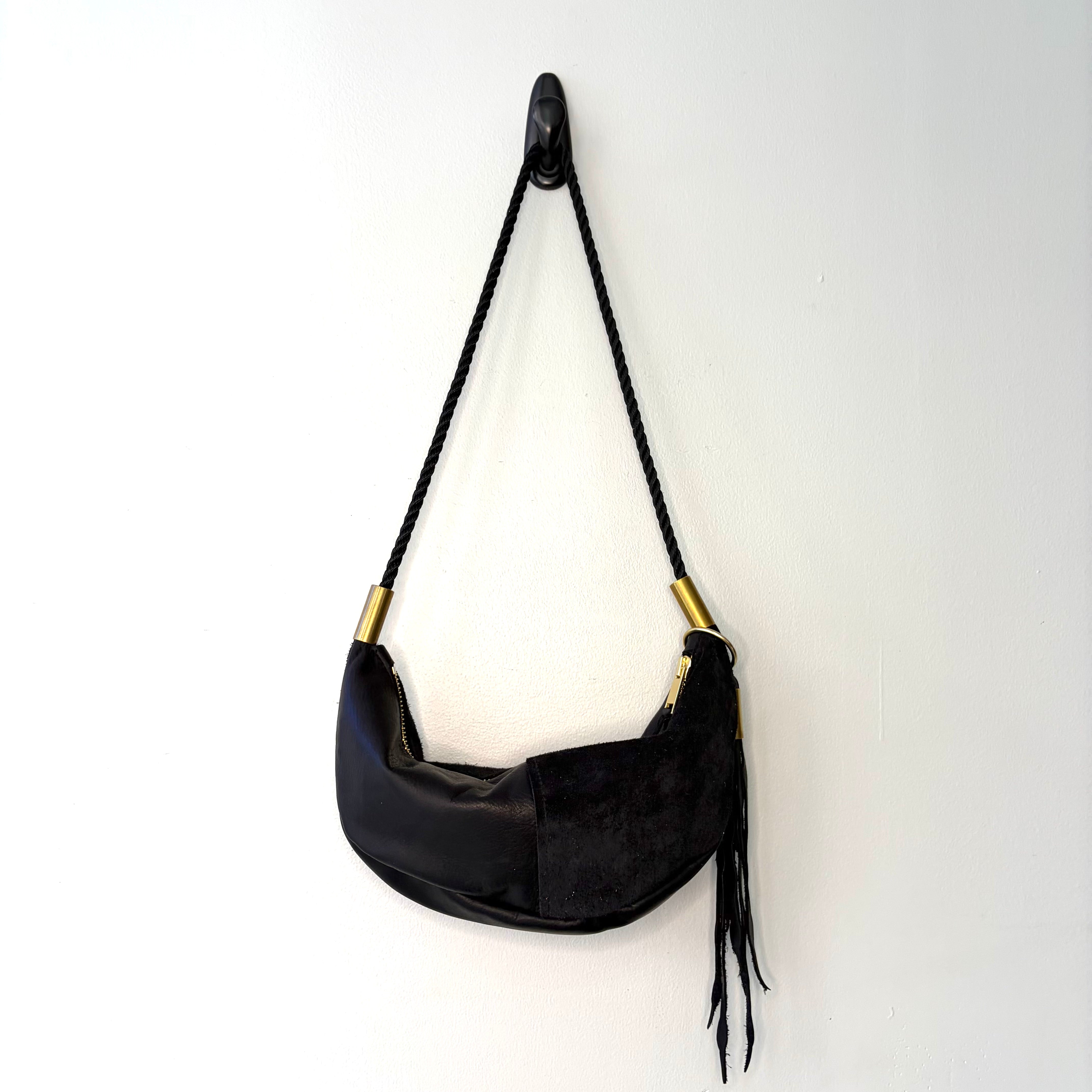 #45 Sling Bag // Black Leather with 35" Summer Night Black Dock Line + Matching Seaweed Tassel (2nd quality)