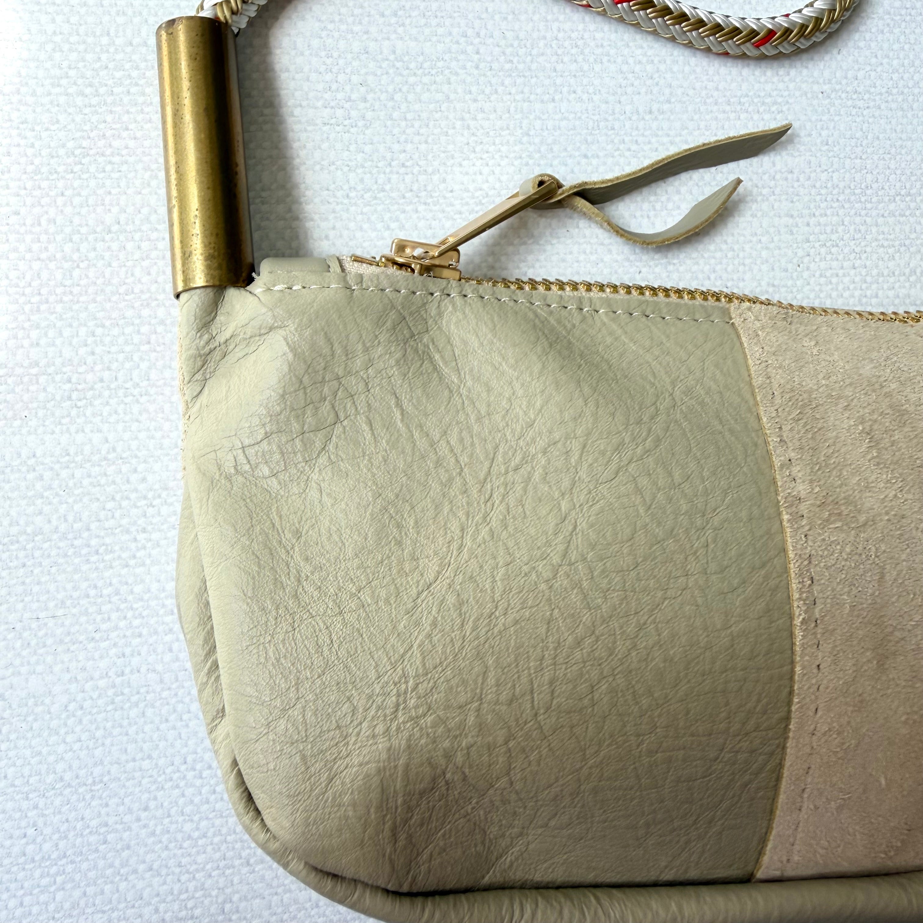 #67 Zip Crossbody // Driftwood Beige Leather with 35" Oyster Shell Gold Dock Line + Gold Leather Seaweed Tassel + Gold Leather Mini Wallet (2nd quality)