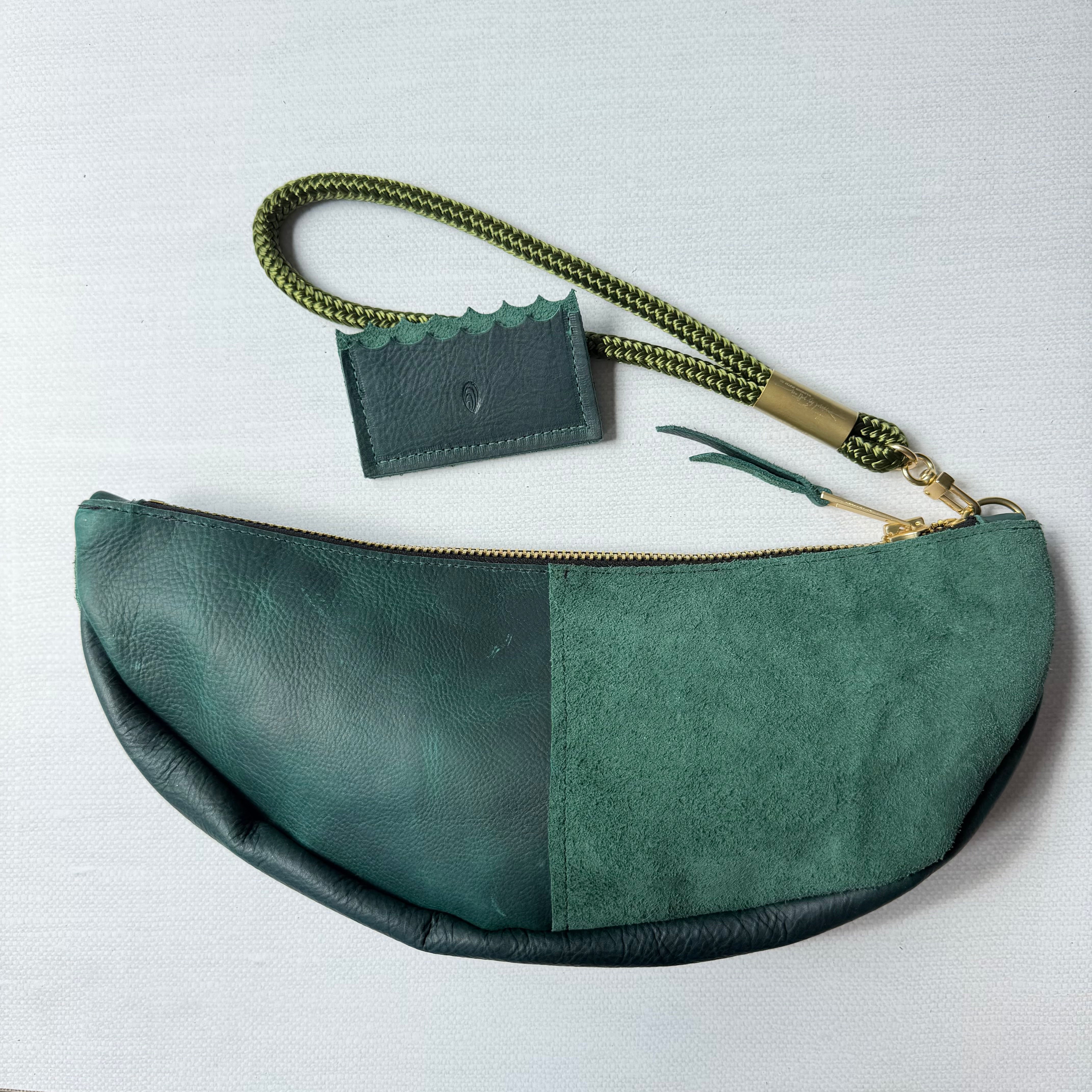 #93 Crescent Moon Clutch // Limited Edition Emerald Green Leather with Pine Green Rope Wristlet (1st quality)