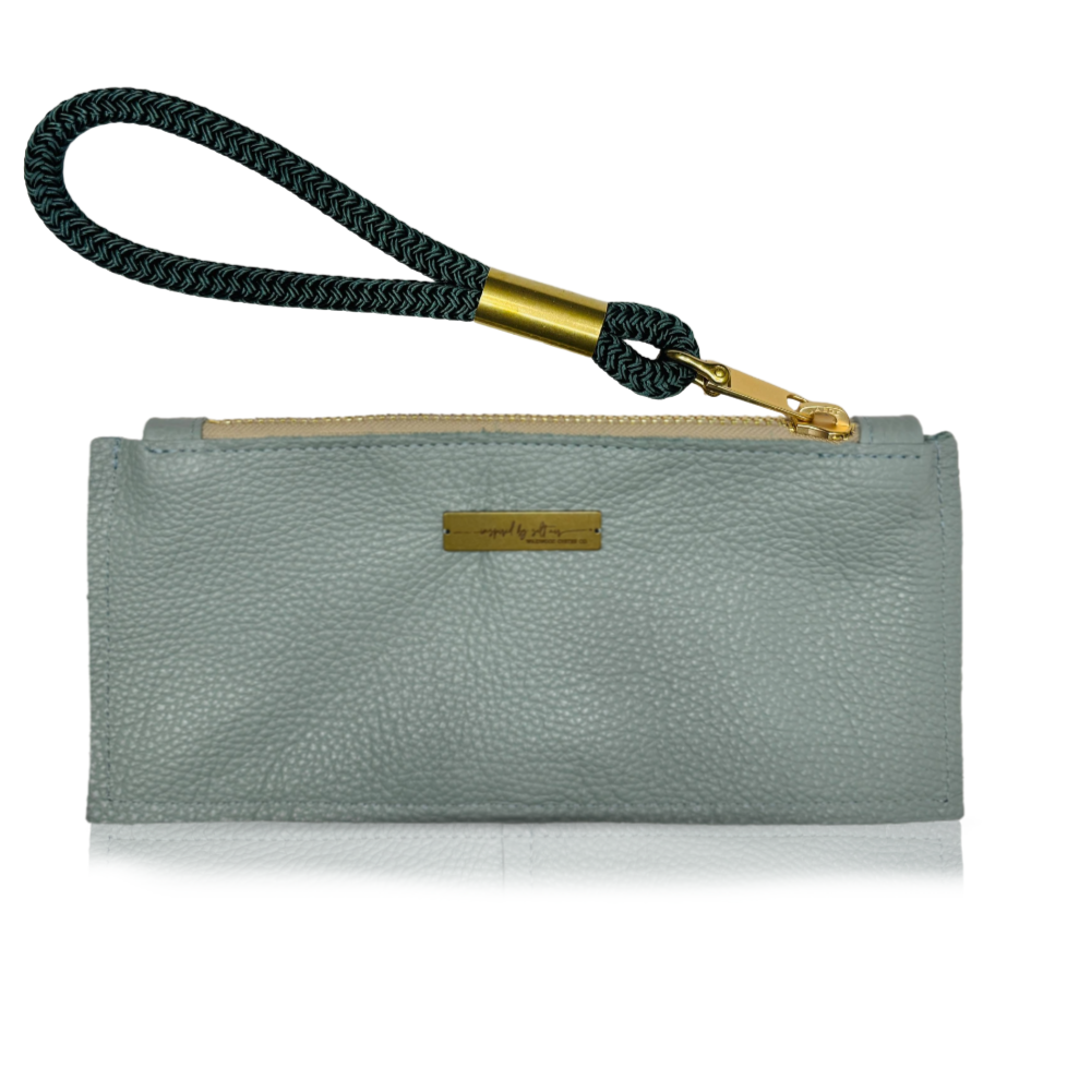 Clutch // in Sea Glass Sage with Pine Green Rope Wristlet