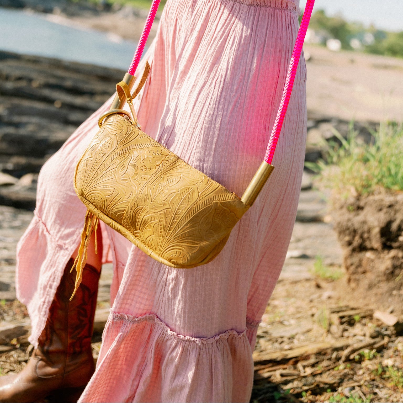 Zip Crossbody // in Beach Cowgirl with Neon Pink Rope