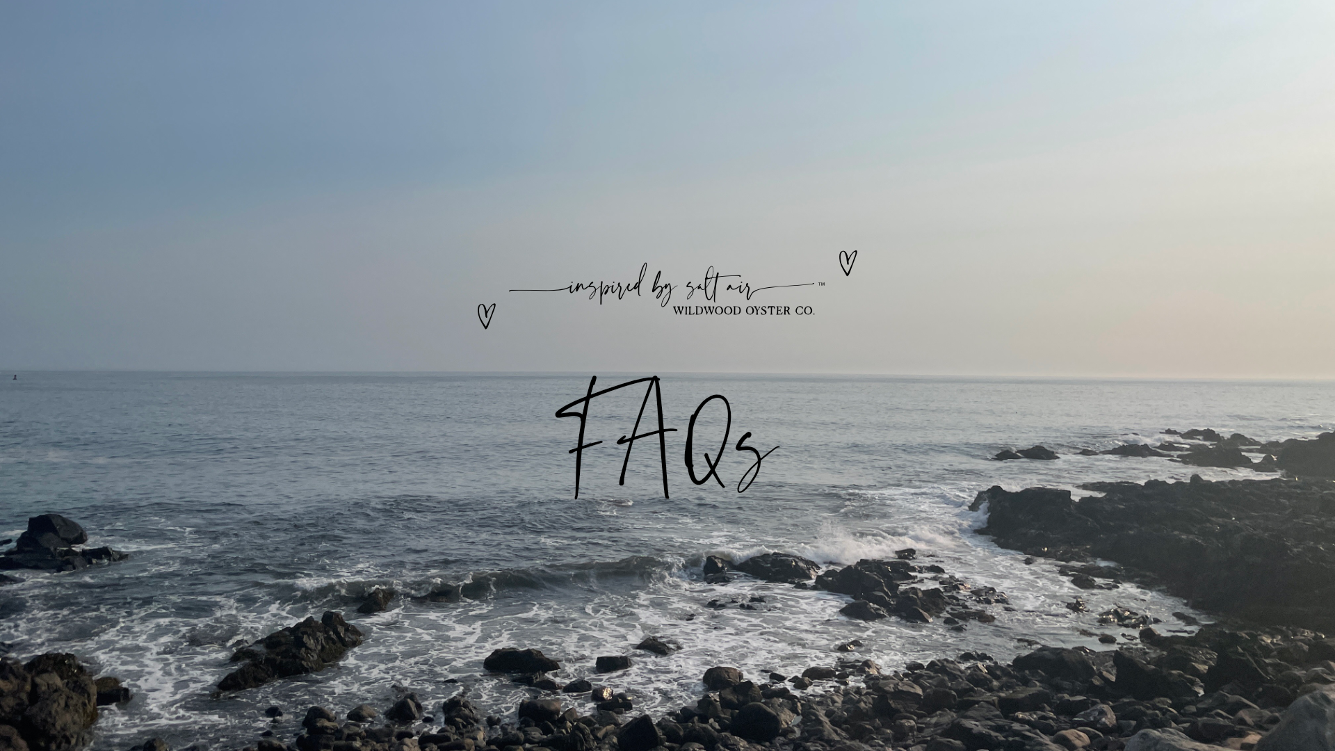 beach photo with Wildwood "inspired by salt air" logo and FAQs across the bottom