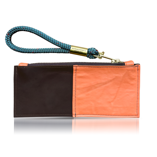 rugged seas brown leather clutch with teal wristlet