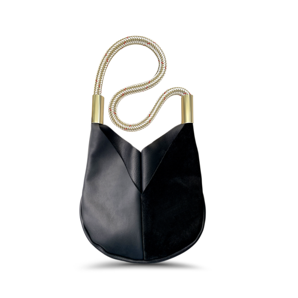 black leather crossbody tote with gold dock line