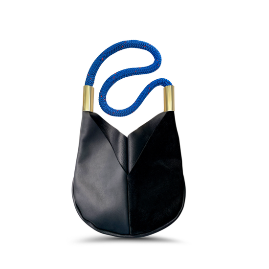 black leather crossbody tote with blue dock line