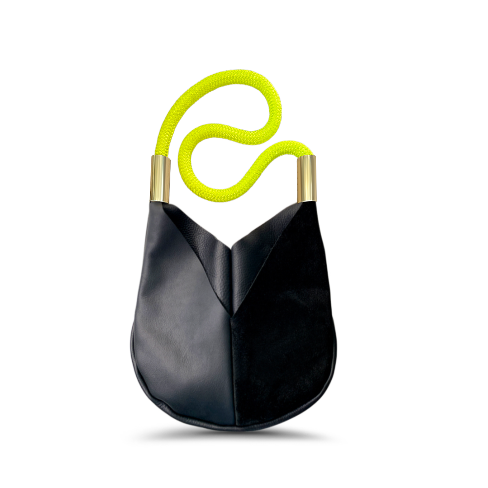 black leather crossbody tote with neon yellow dock line
