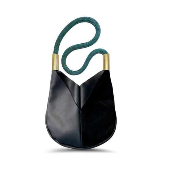 black leather crossbody tote with teal dock line