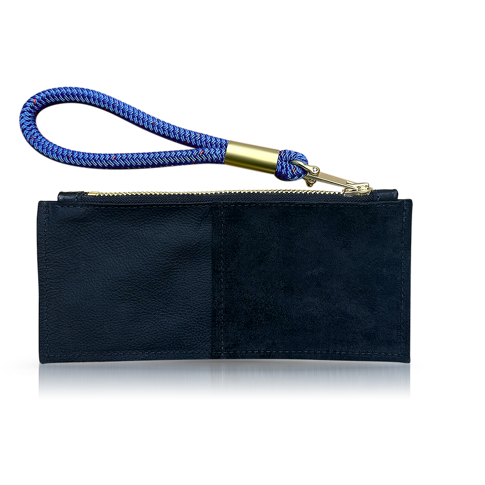 black leather clutch with blue wristlet