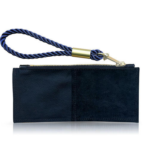 black leather clutch with navy wristlet