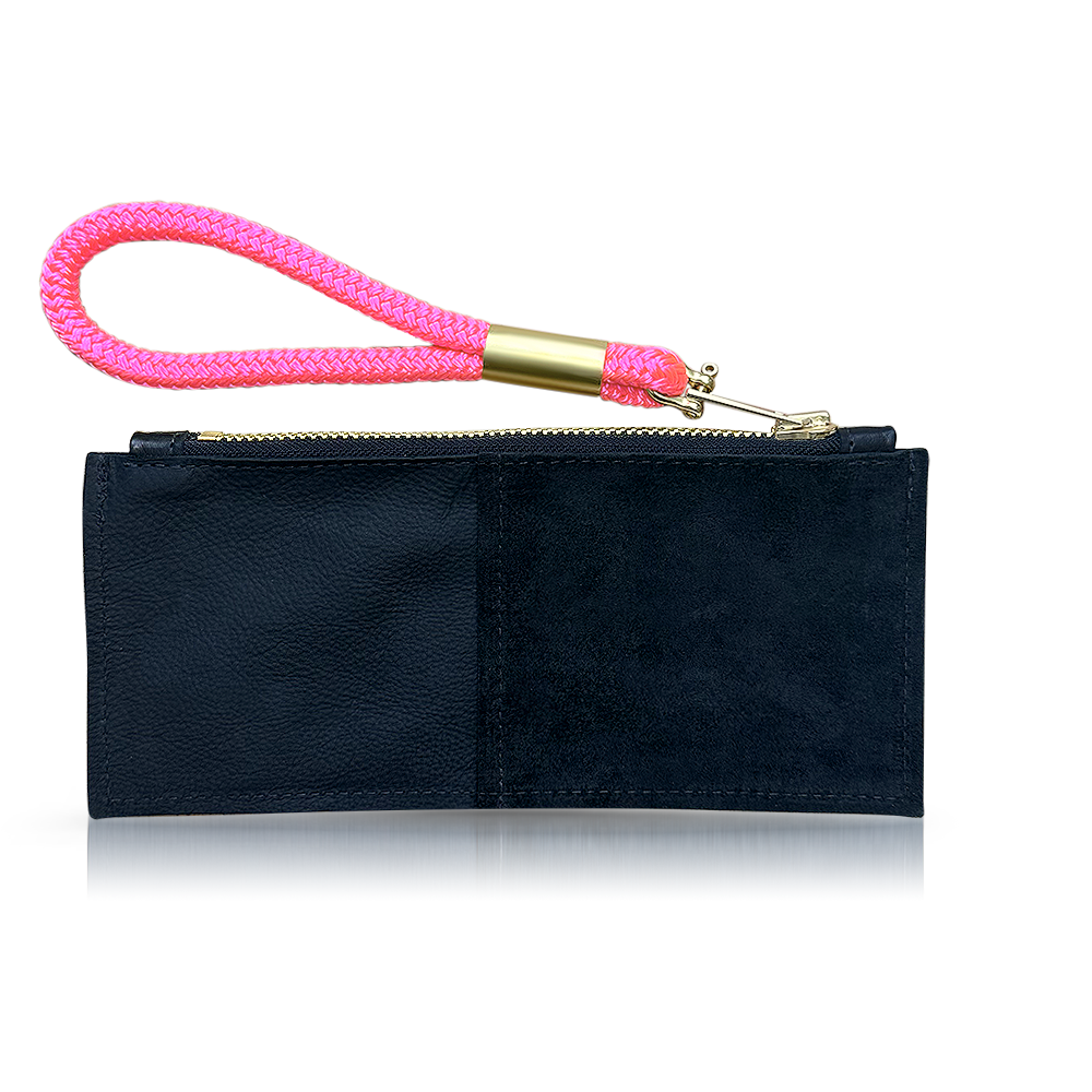 black leather clutch with neon pink wristlet
