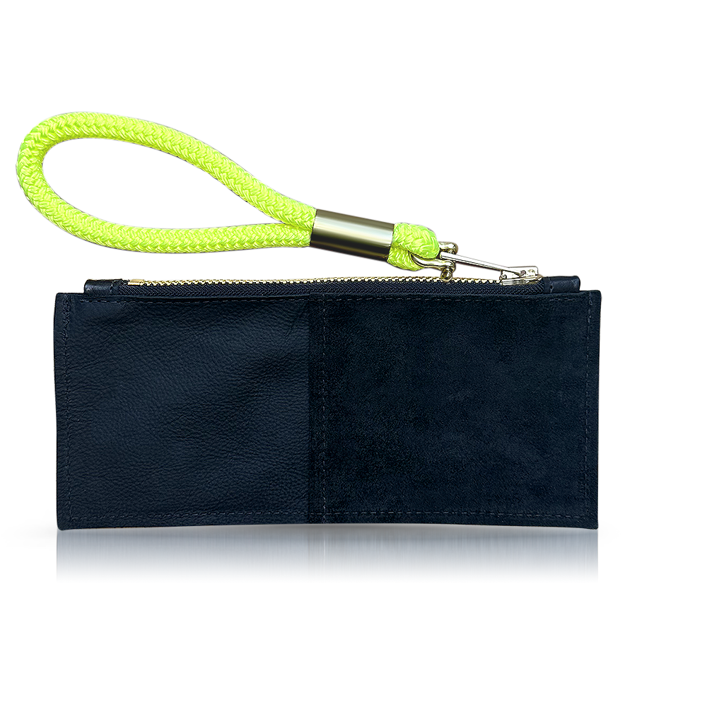 black leather clutch with neon yellow wristlet