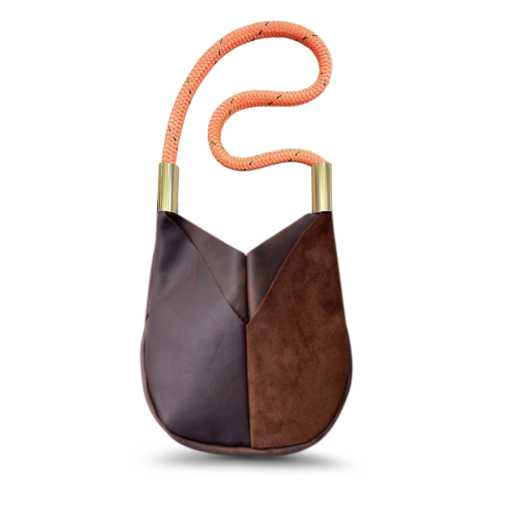 brown leather crossbody tote with neon orange dock line