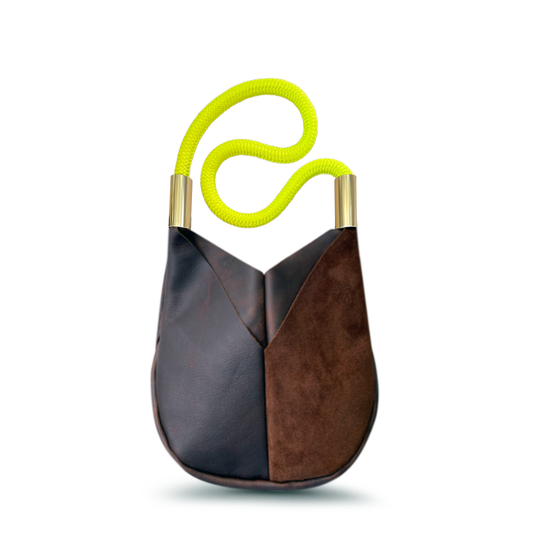 brown leather crossbody tote with neon yellow dock line