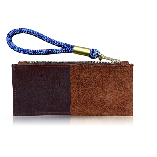 brown leather clutch with blue wristlet