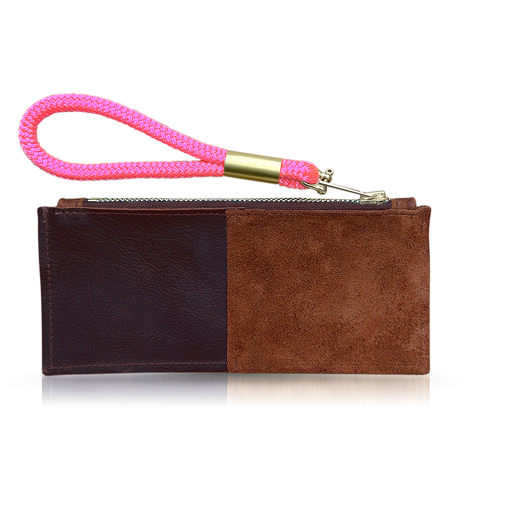 brown leather clutch with neon pink wristlet
