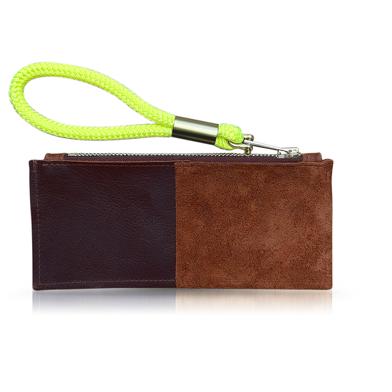 brown leather clutch with neon yellow wristlet