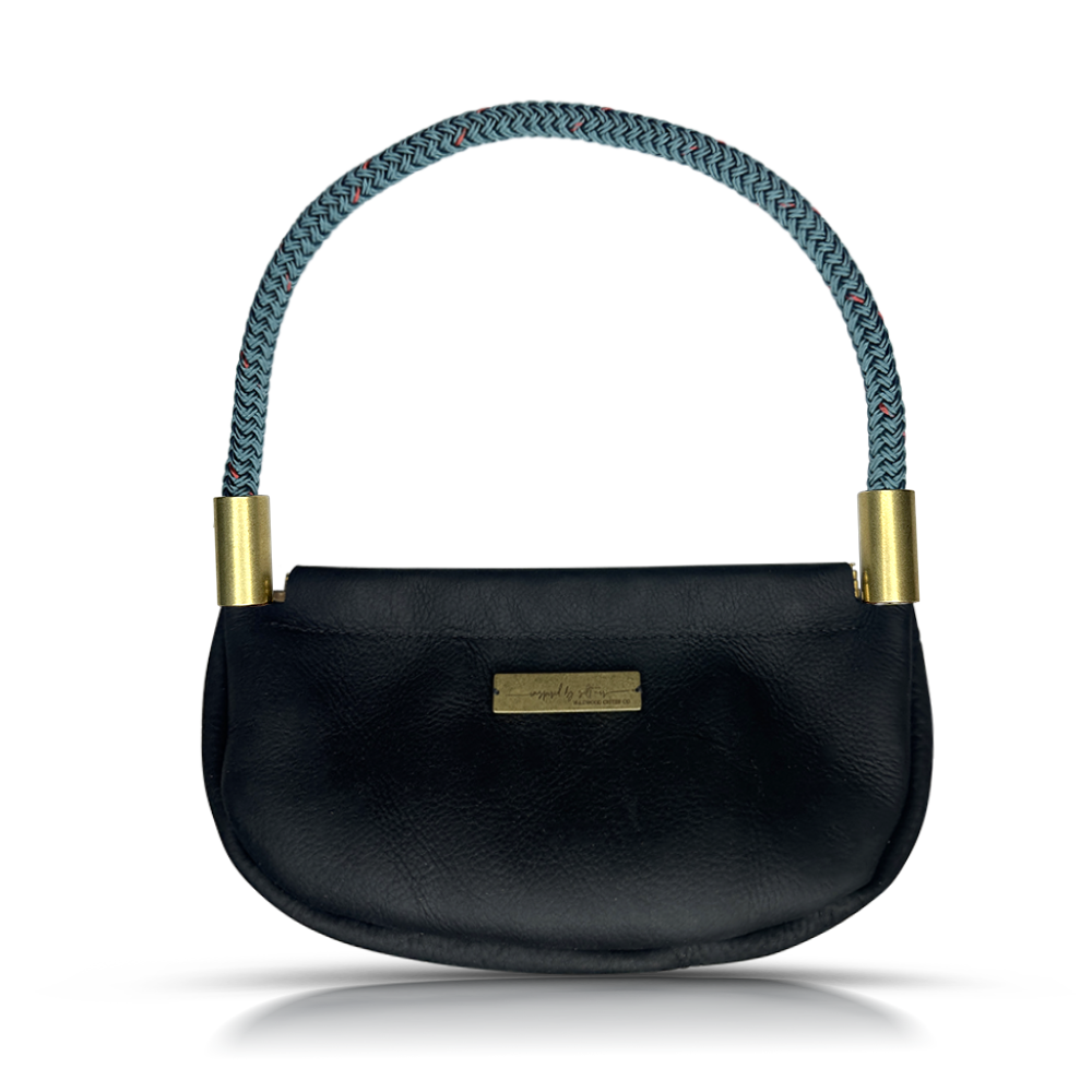 black leather clam shell bag with teal dockline