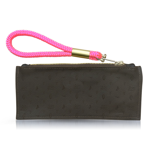 inspired by salt air brown leather clutch with neon pink wristlet