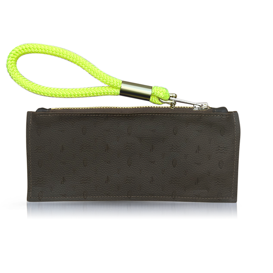 inspired by salt air brown leather clutch with neon yellow wristlet