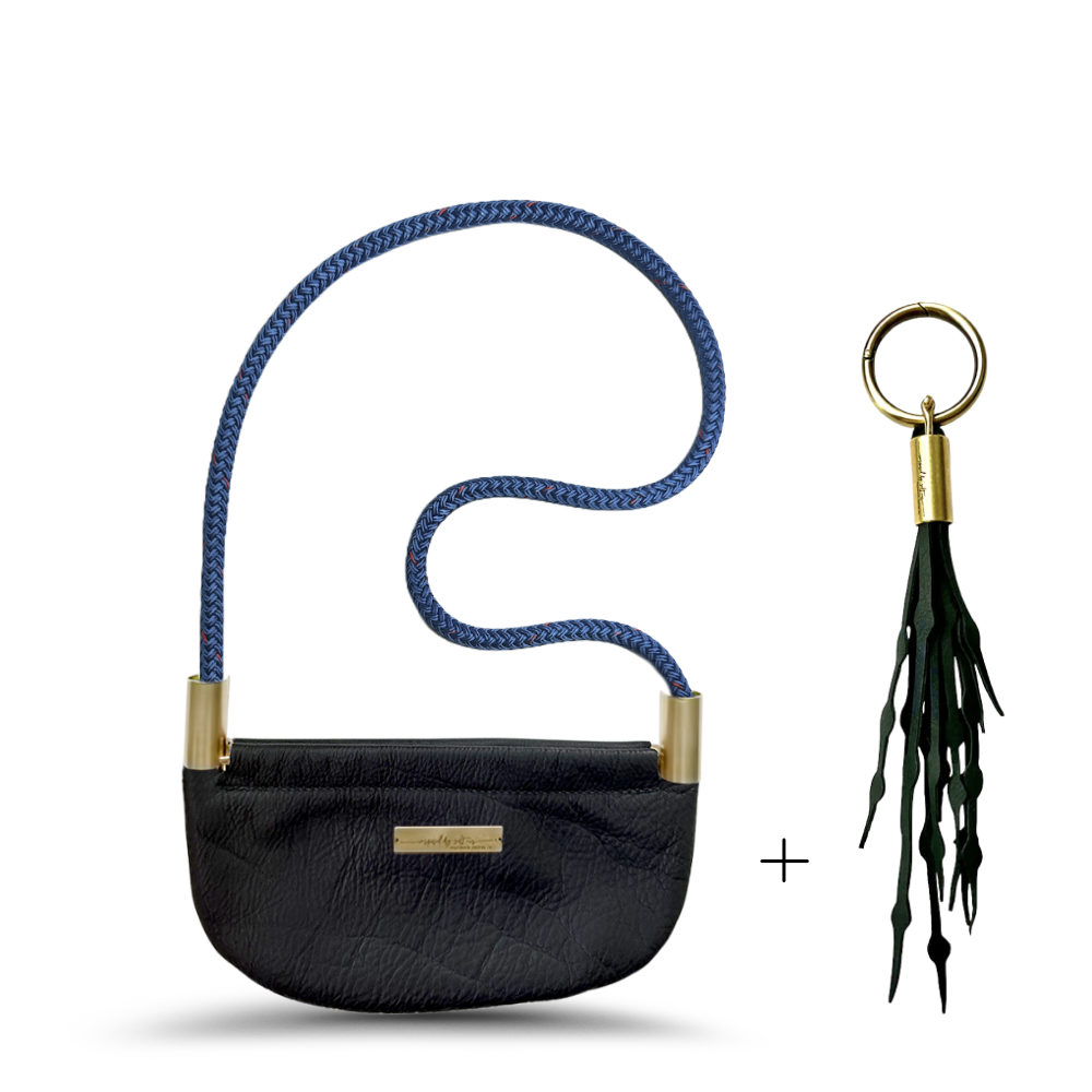 Oyster Shell #Rope Color_Harborside Blue#Rope Handle Length_Shoulder (35")#Add Ons_Add a Matching Seaweed Tassel (save $10)