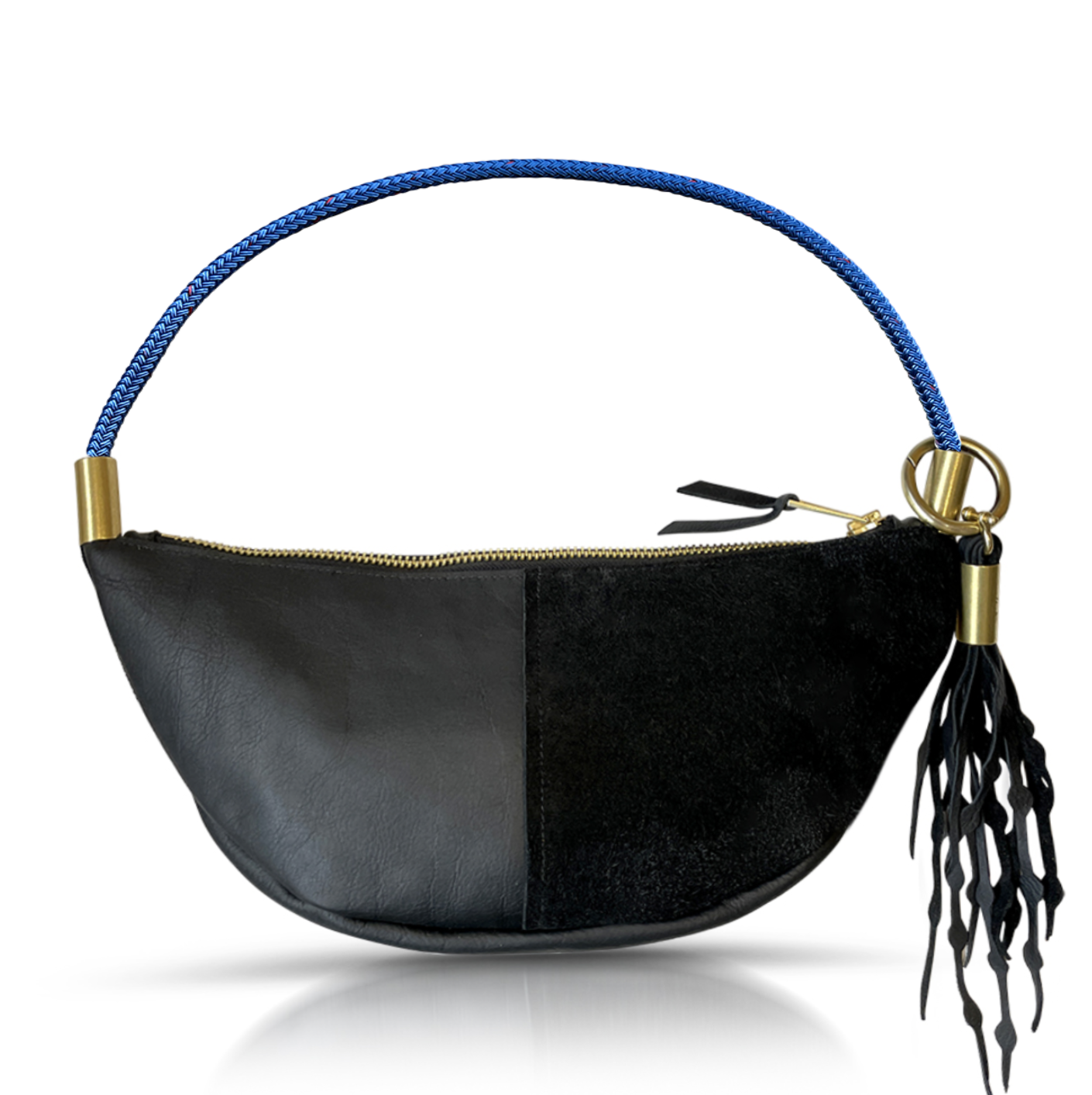 black leather sling bag with harborside blue rope