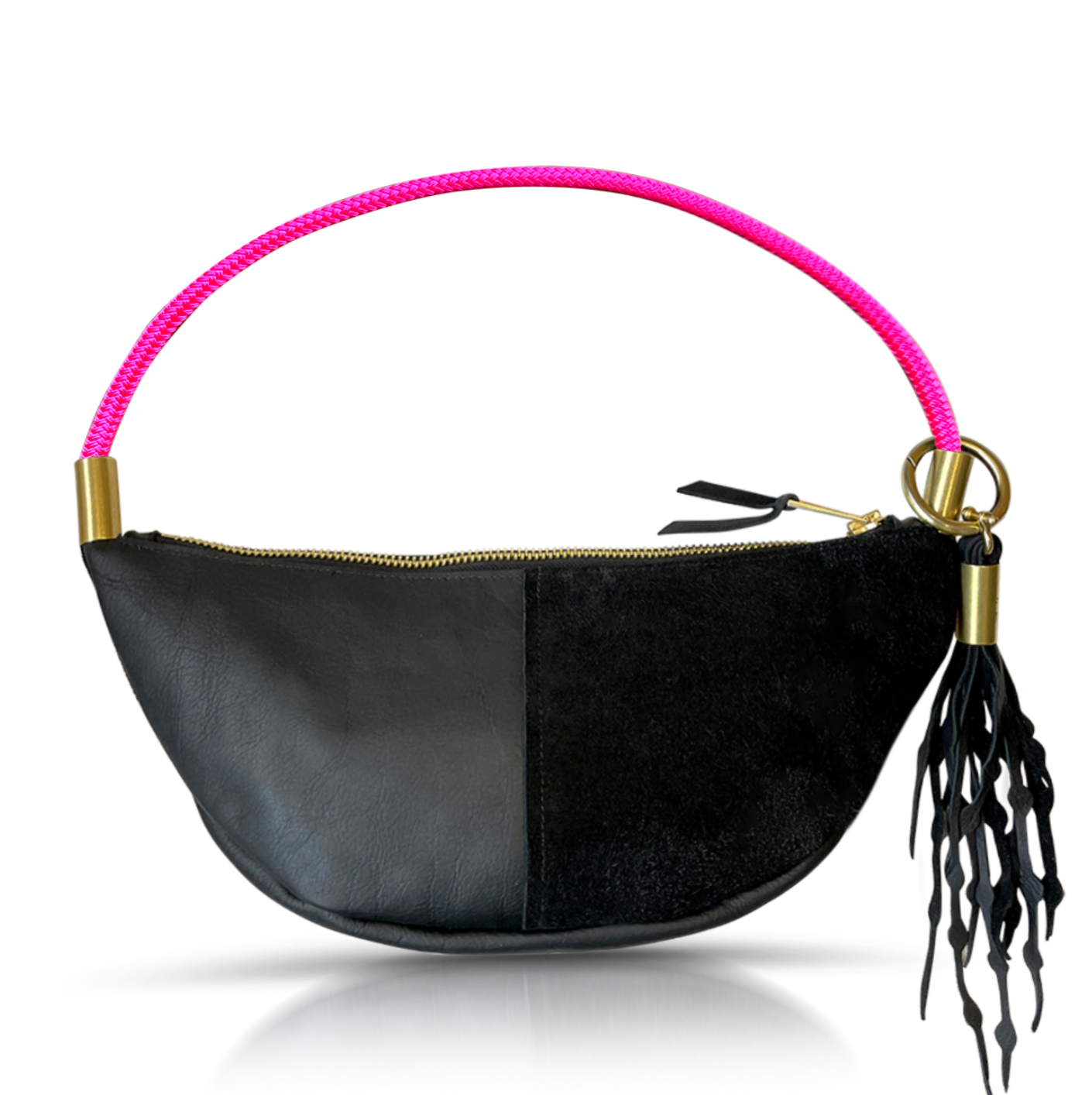 black leather sling bag with neon pink rope