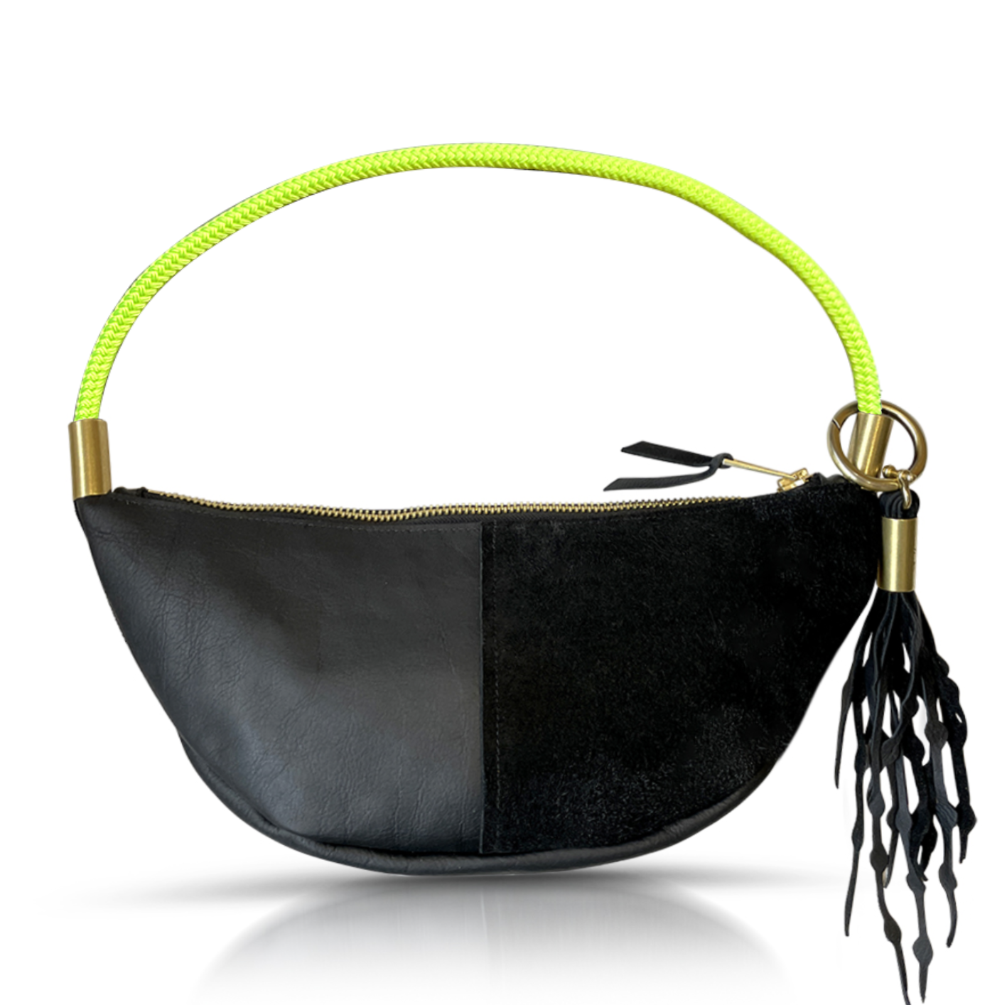 black leather sling bag with  neon yellow rope
