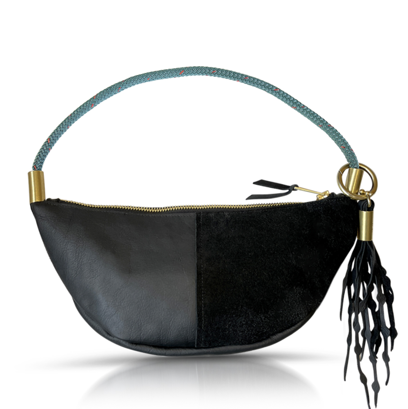 black leather sling bag with teal rope