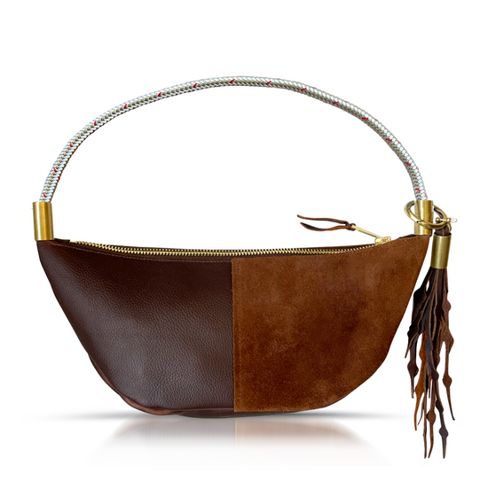 brown leather sling bag with gold dock line
