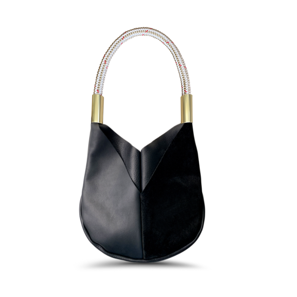 small black leather tote with oystershell gold dock line