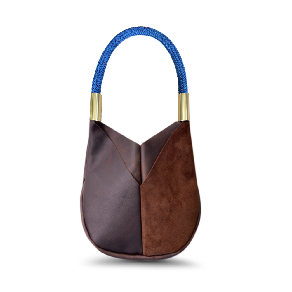 small brown leather tote with harborside blue gold dock line