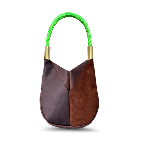 small brown leather tote with neon green dock line