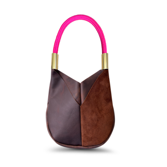 small brown leather tote with neon pink dock line