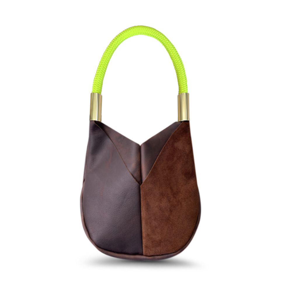 small brown leather tote with neon yellow dock line