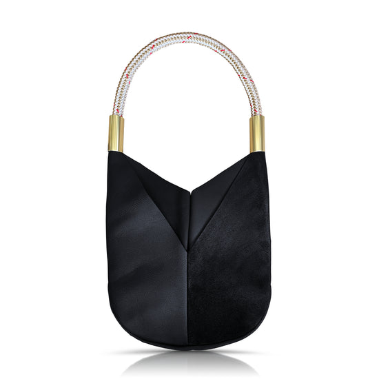 black leather tote with oystershell gold dock line