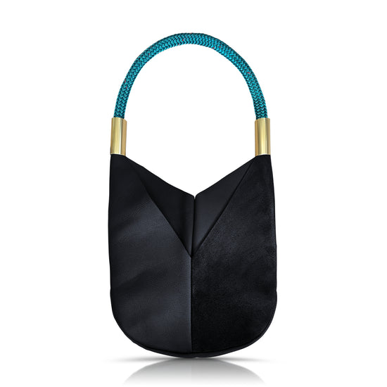 black leather tote with teal dock line
