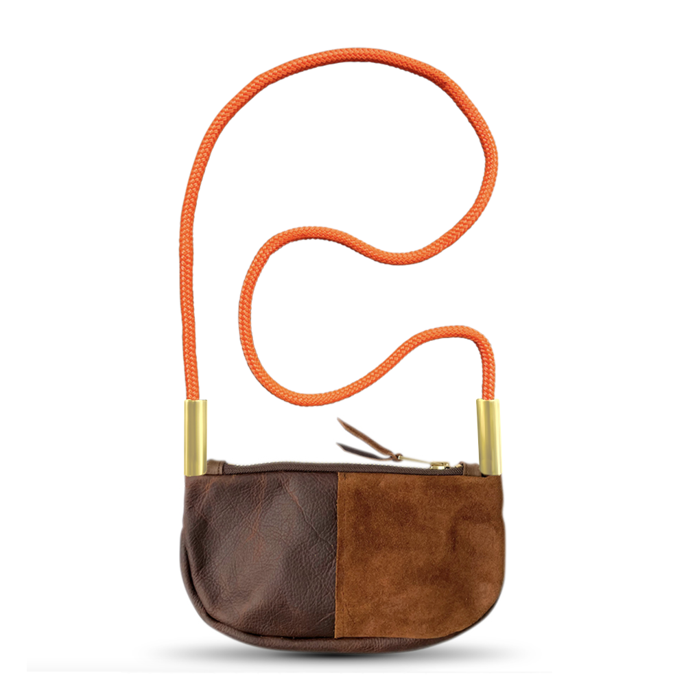 brown leather zip crossbody bag with neon orange dock line