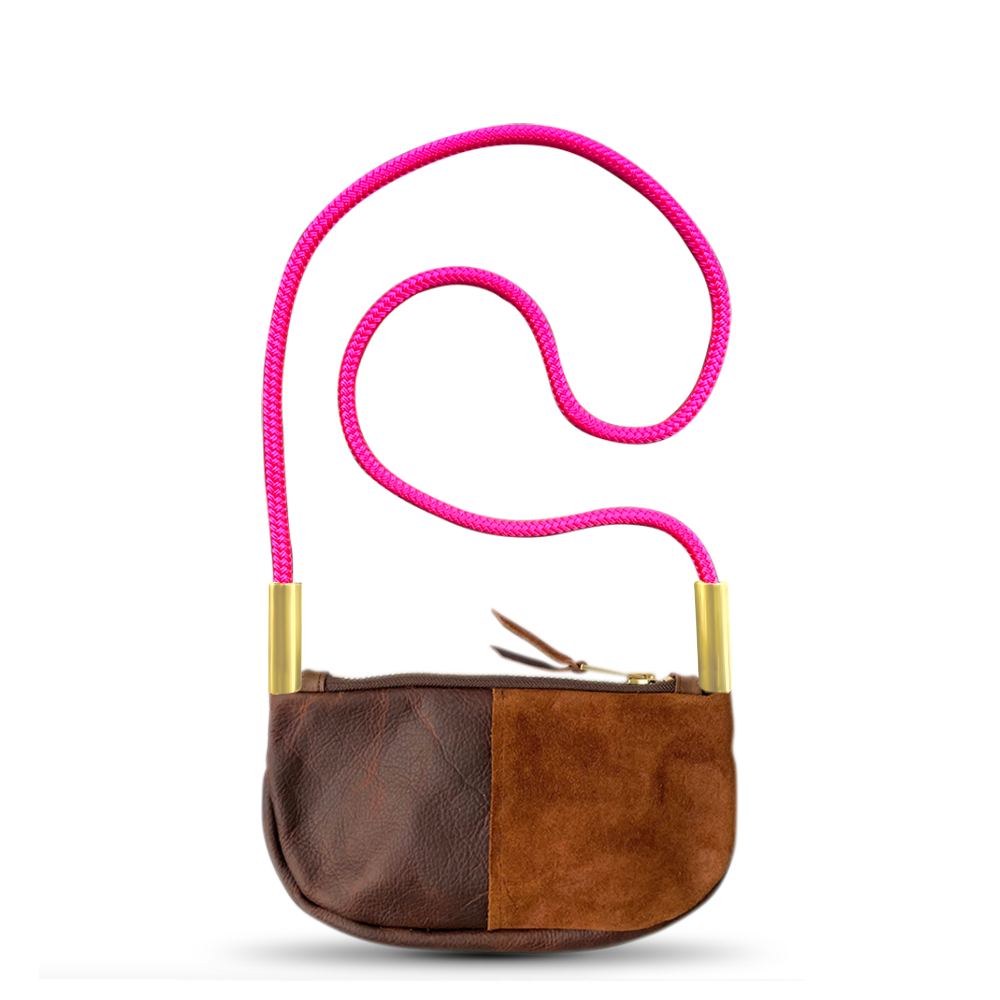 brown leather zip crossbody bag with neon pink dock line
