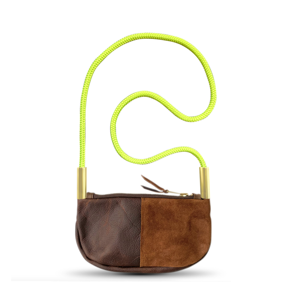 brown leather zip crossbody bag with neon yellow dock line