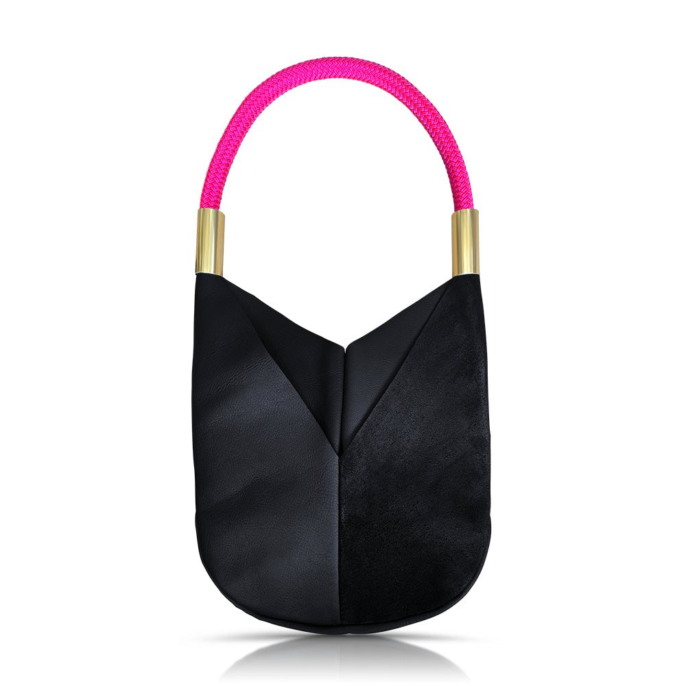 black leather tote with neon pink dock line