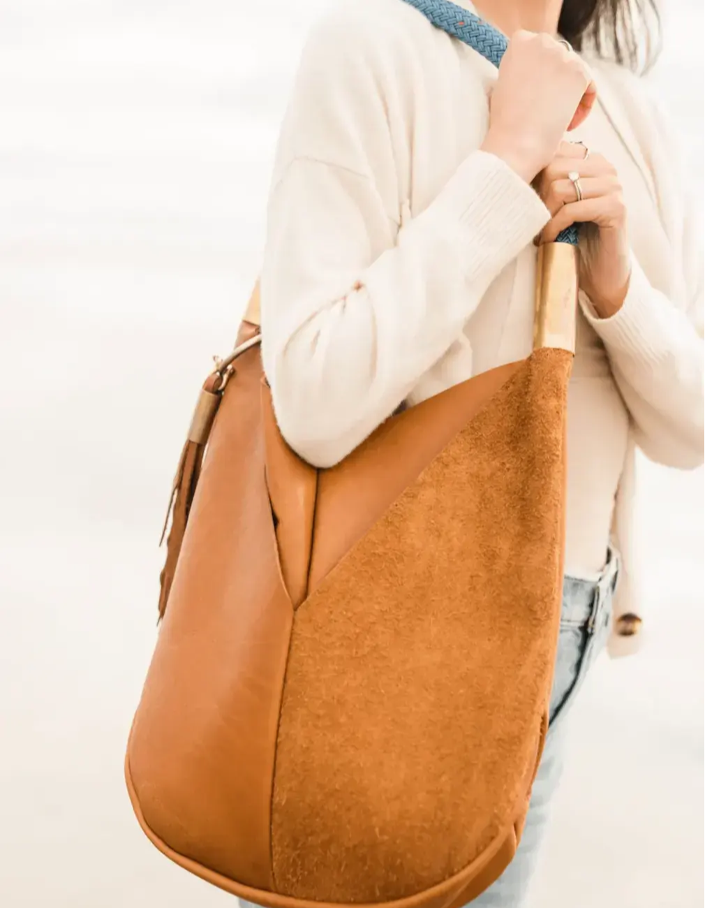 large leather bag with suede and harborside blue dockline