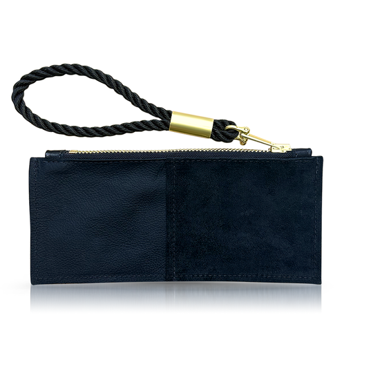 Black Leather Clutch with Chunky Brass Zipper and Rope Wristlet