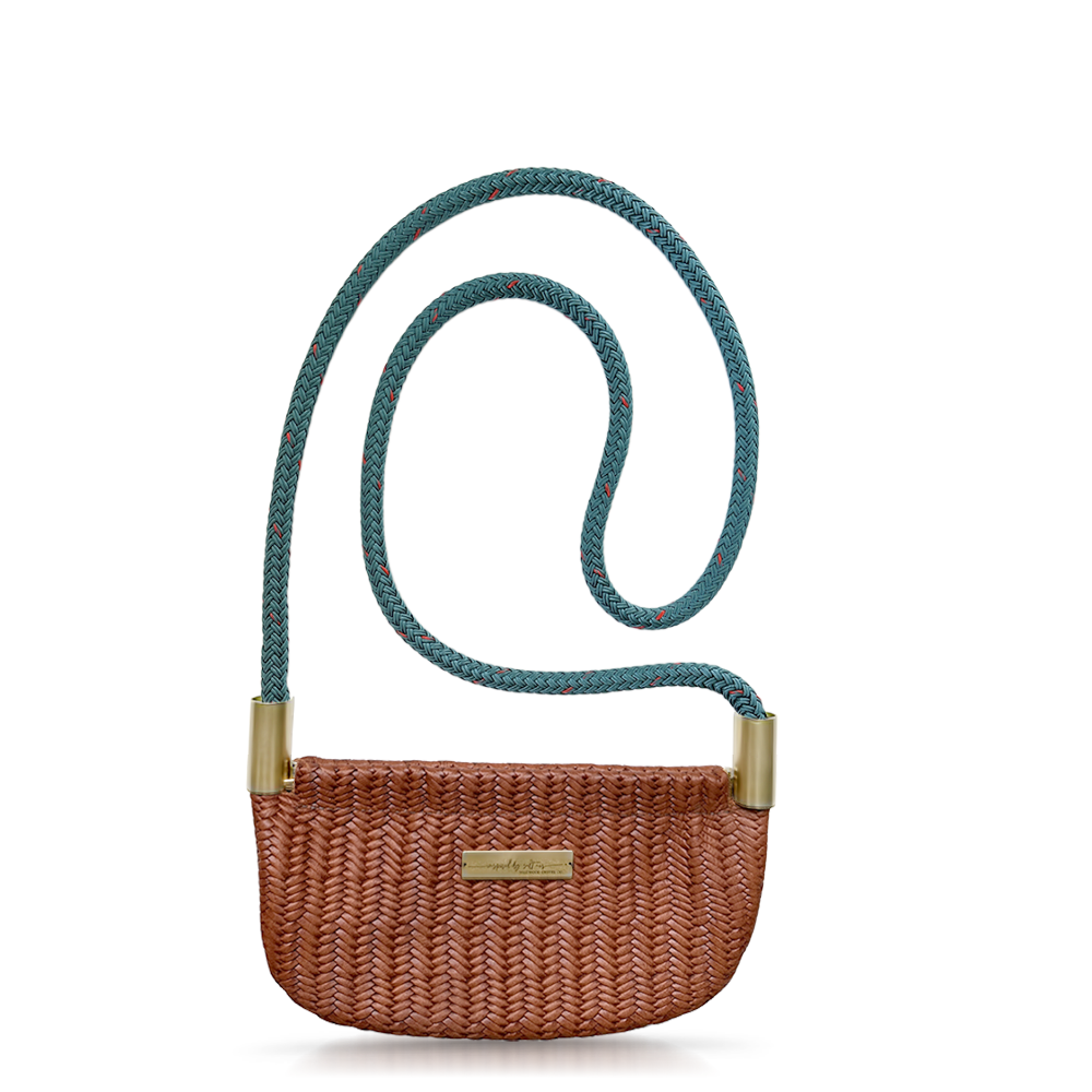 brown basketweave oyster shell bag with teal dock line