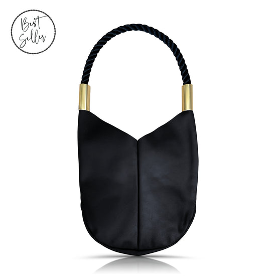 Wildwood Oyster Co. Black Leather Tote Bag with Summer Night Black Dock Line and Classic Brass