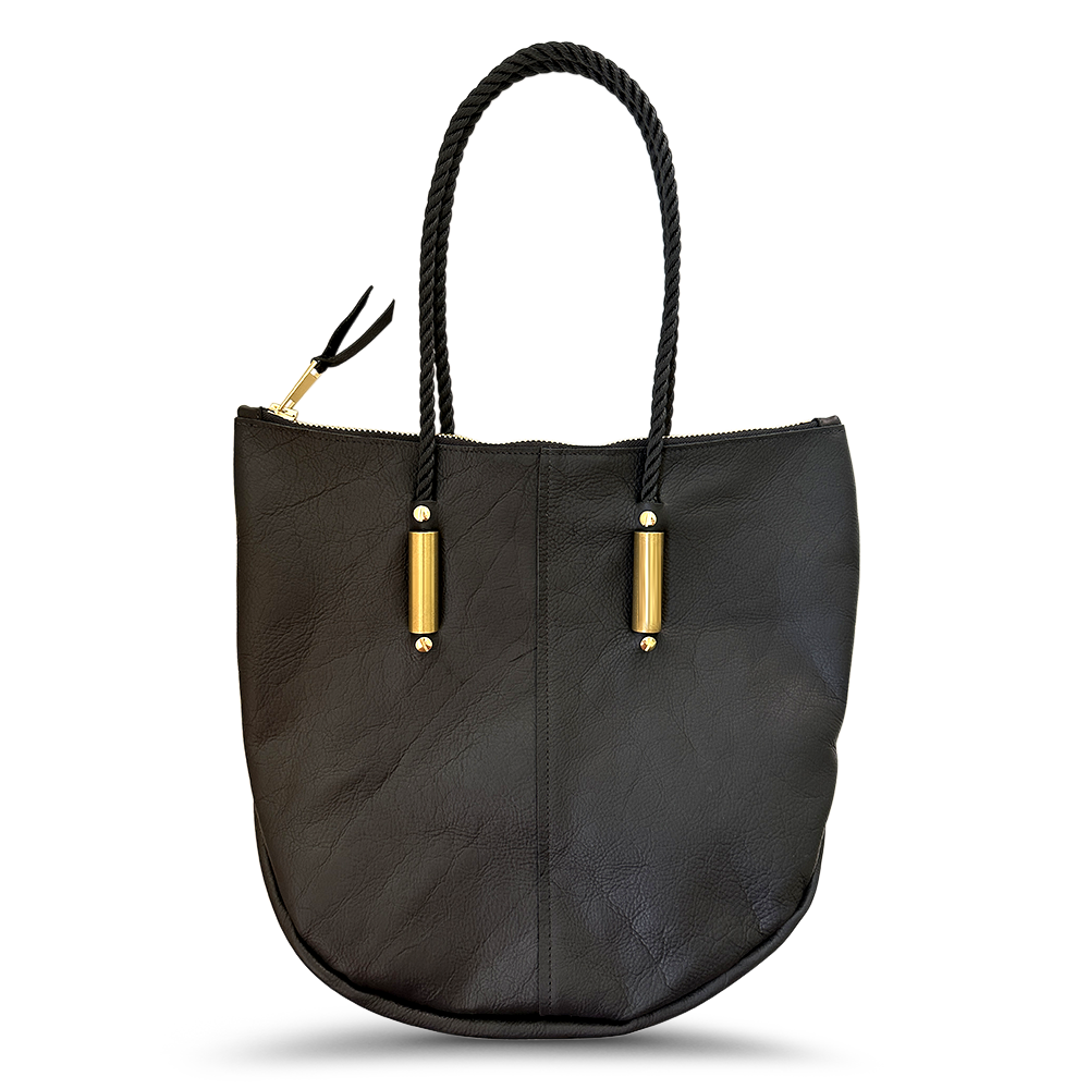 Black leather and suede tote with rope