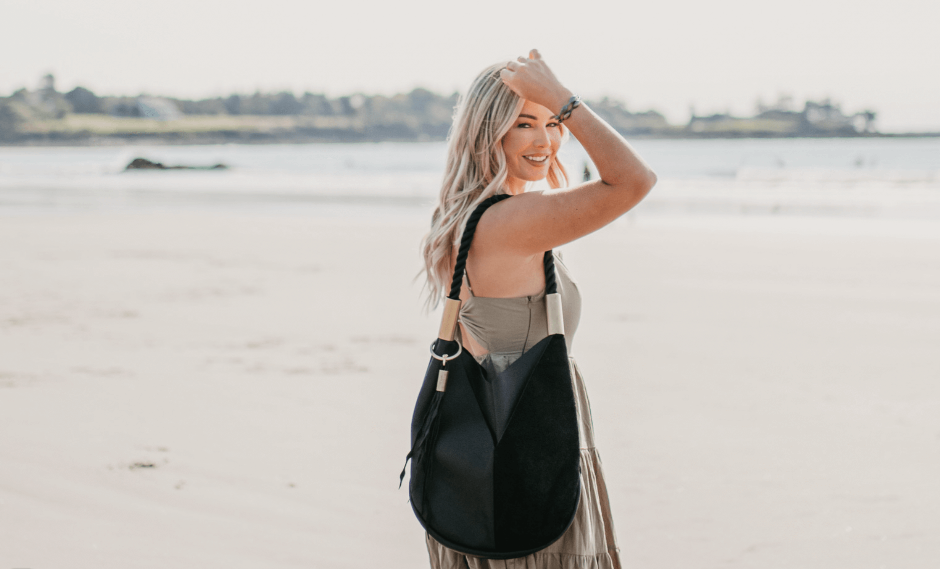 black leather tote with black dock line handle