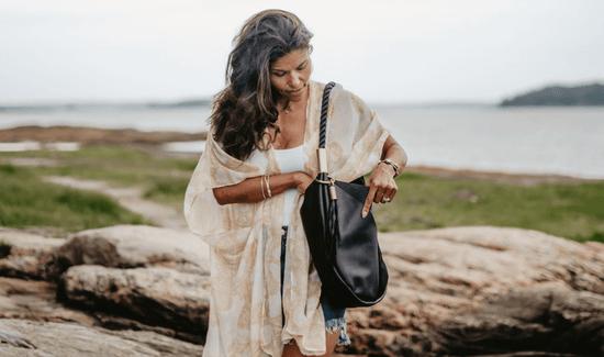 black leather tote with black dock line handle