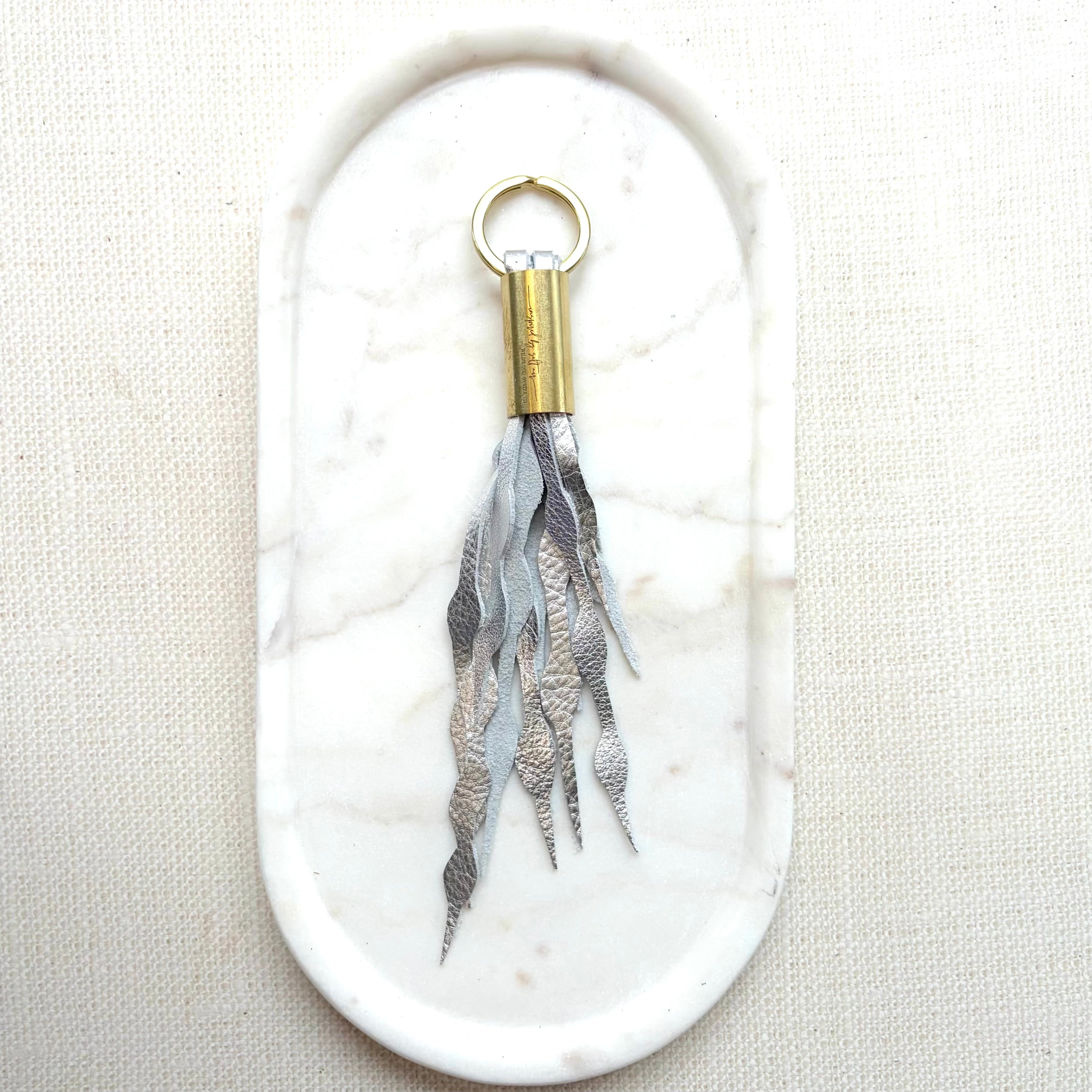 #22 Seaweed Fringe Keychain // Silver Metallic Leather (1st quality)