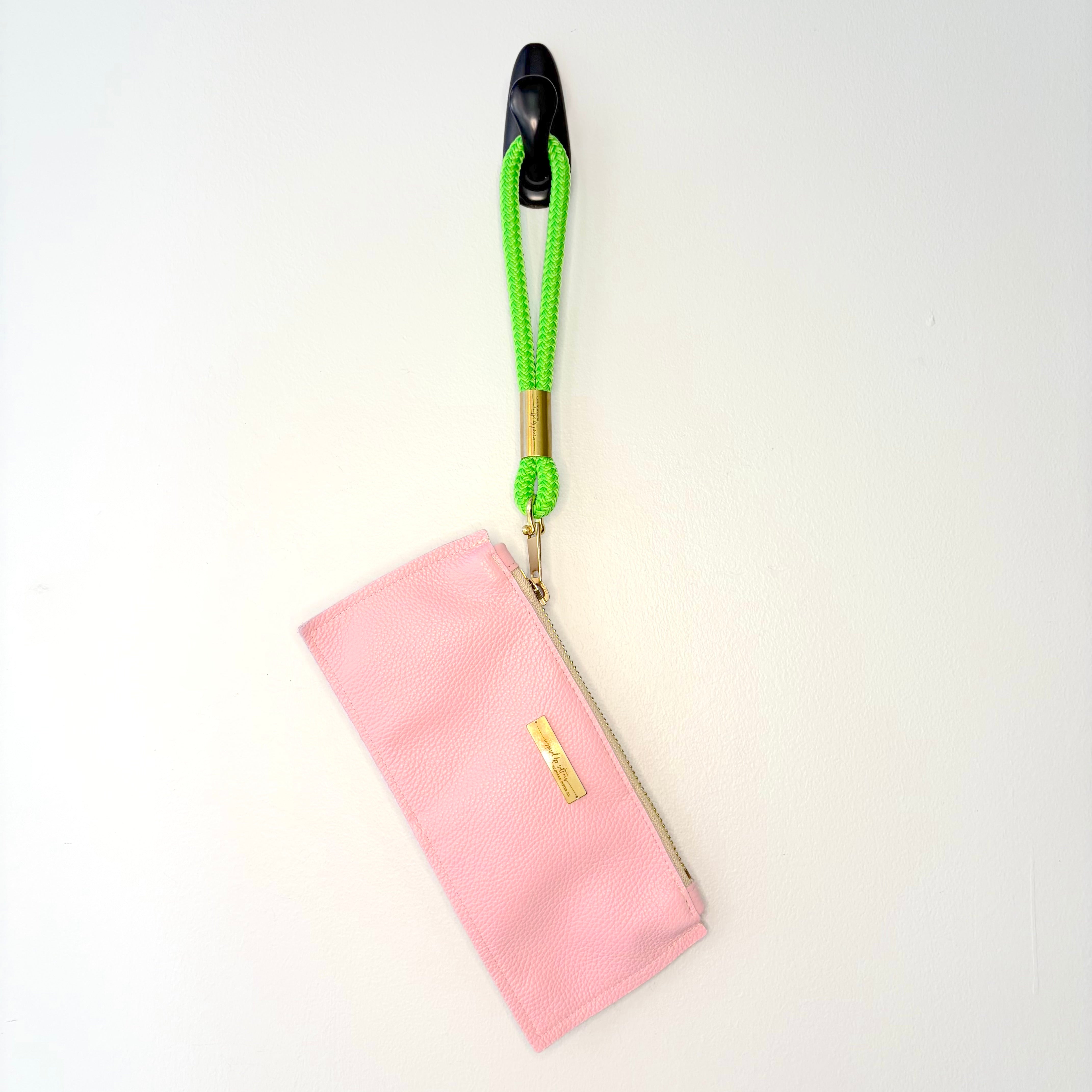 #41 Leather Clutch // Pink Petal Leather with Neon Green Rope Wristlet (1st quality)